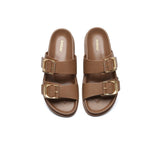 EVERAU® Leather Flat Sandals Women Double Strap Buckle Mounish EVERAU