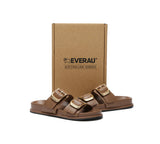 EVERAU® Leather Flat Sandals Women Double Strap Buckle Mounish EVERAU