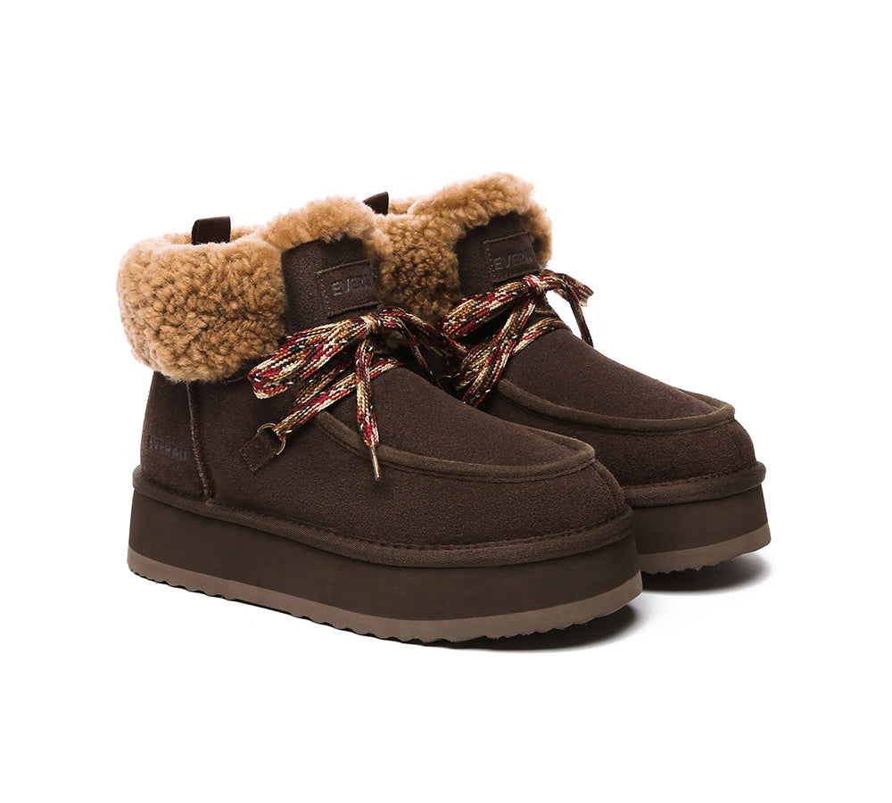 EVERAU® UGG Women Sheepskin Wool Lace Up Ankle Platform