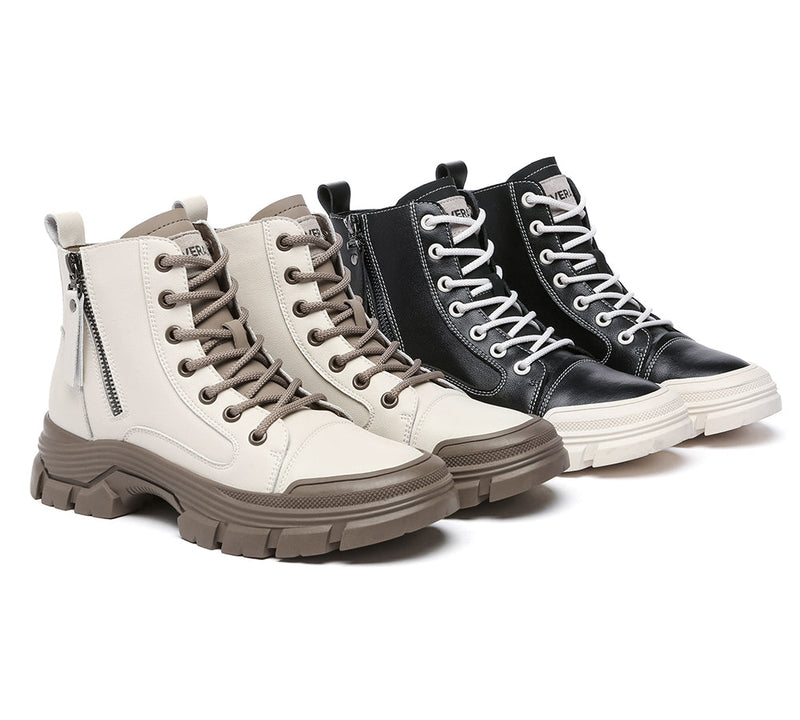 EVERAU® Women Leather Lace Up Zipper Chunky Boots Lorrin