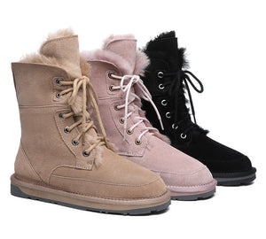 Fashion Boots - Lace Up Ankle Fashion Sheepskin Women Boots Pathfinder