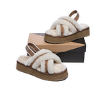 Slides - AS UGG Women High Platform Cross-over Fluffy Slides Aditi