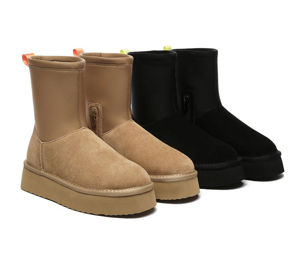 EVERAU UGG Women Sheepskin Wool Zipper Stretchy Mid Calf Platform Boo UGG EXPRESS